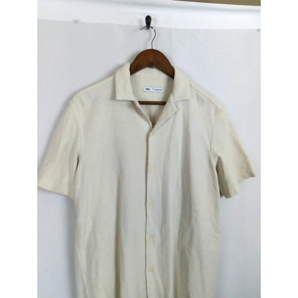 Zara Shirt Men's Size M Beige Cream Textured Woven Knit Thick Button Up - Picture 4 of 10
